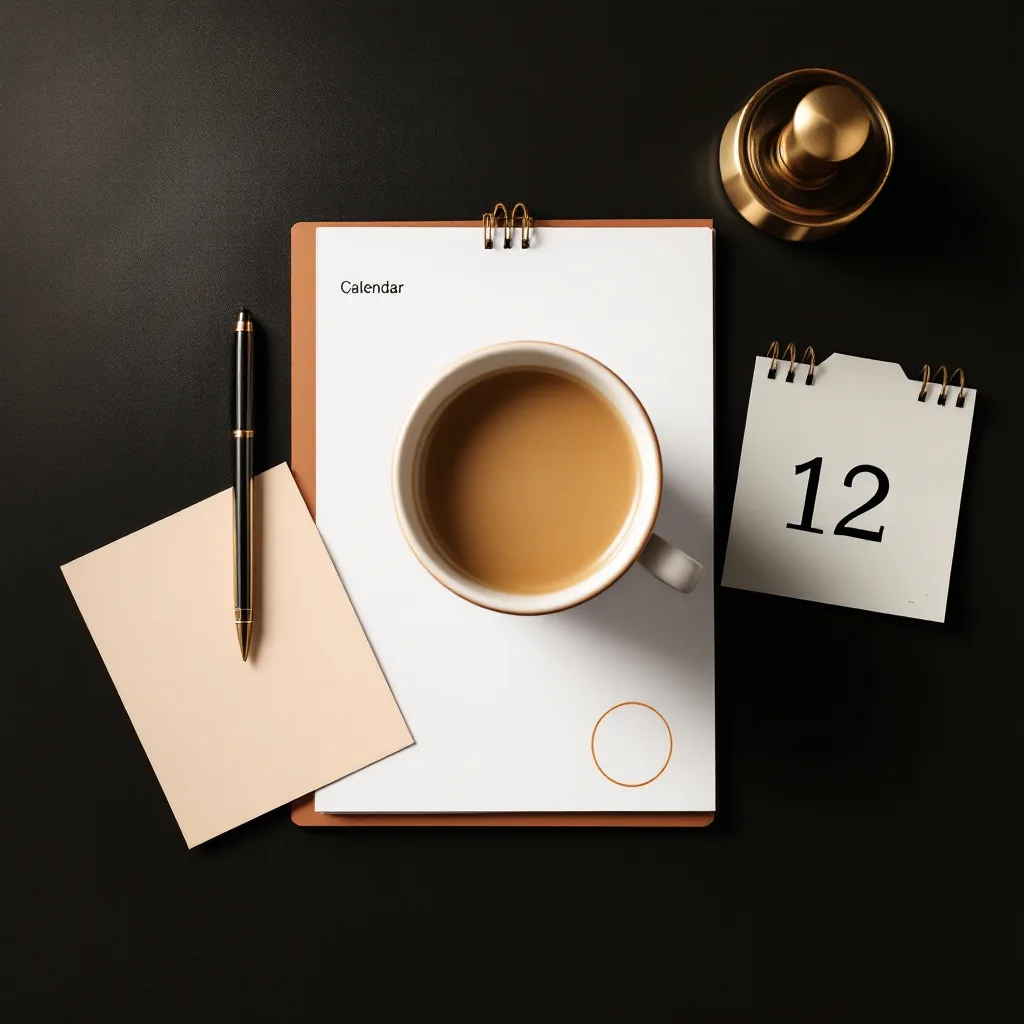 Espresso cup on a saucer with a calendar page and brass pen, seen from above